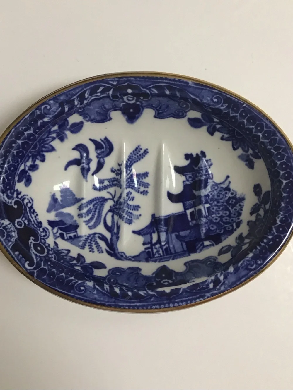 Blue Willow Antique 1920's England Burleigh Ware Oval Soap Dish Ridges Gold Rim